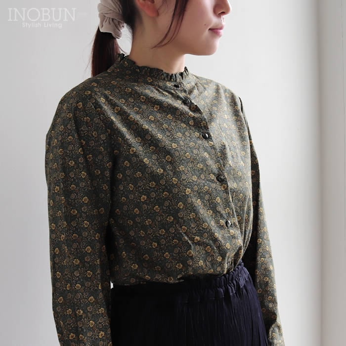 J.Sloane スタンドフリルブラウス 高密度80ローン壁紙風花柄 チャコール ジェイスローアン