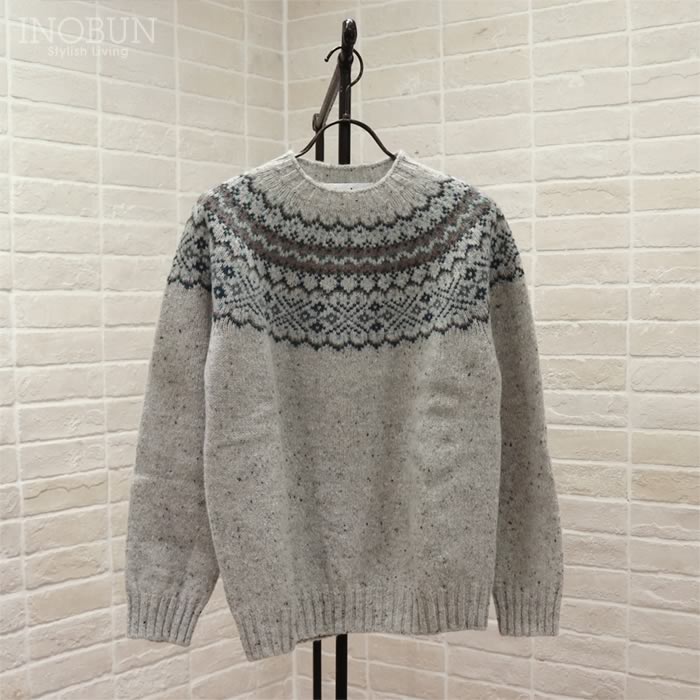 【美品】ハーレーオブスコットランド　ニット・セーター・フェアアイル・求心柄・46 Harley of Scotland フェアアイルセーター グレー系 ハーレーオブ