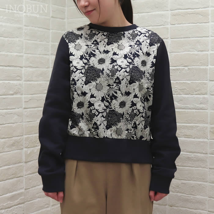 Coupole リバティプリント フロント LIBERTY ウラ起毛布帛カットソー Swim Dunclare ネイビー系
