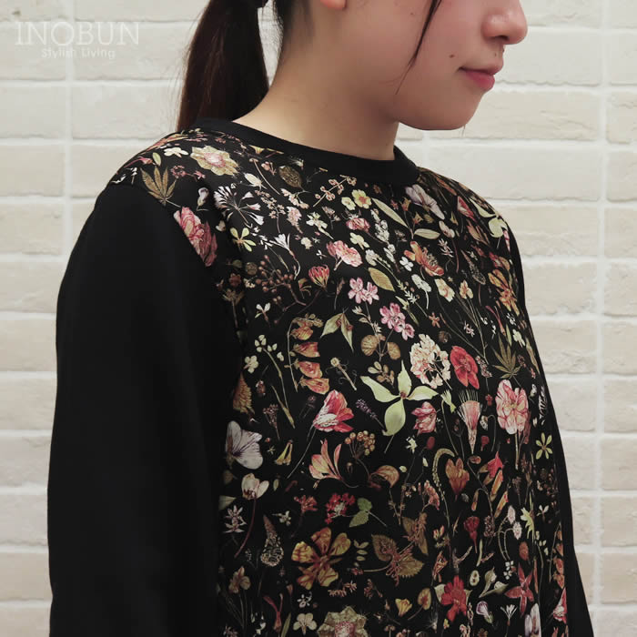Coupole リバティプリント フロント LIBERTY ウラ起毛布帛カットソー Floral Eve ブラック系