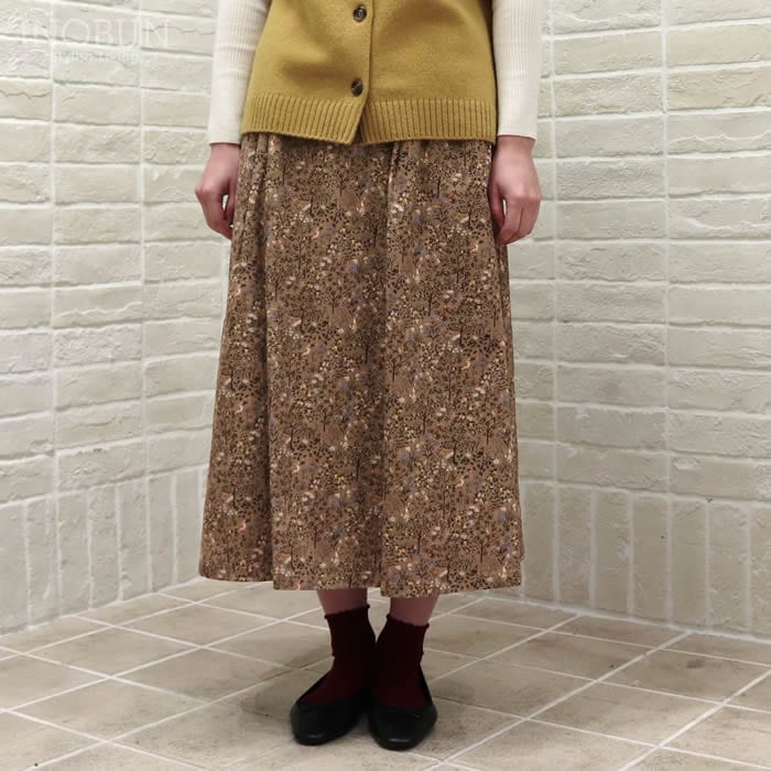 Parkes 前タックギャザースカート 21Wコーデュロイ 森の動物 ブラウン セール