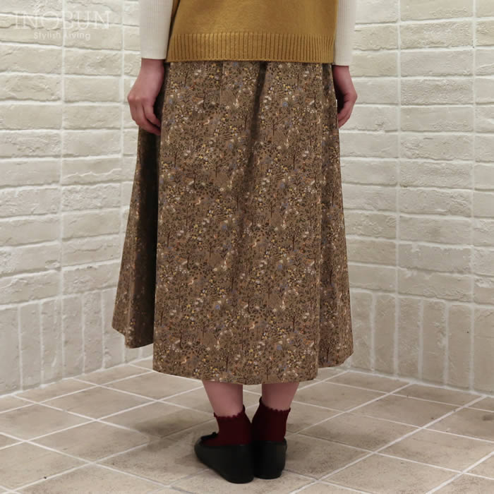 Parkes 前タックギャザースカート 21Wコーデュロイ 森の動物 ブラウン