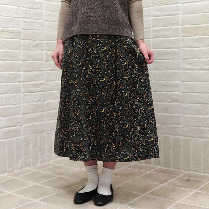 Parkes 前タックギャザースカート 21Wコーデュロイ 森の動物 ネイビー セール