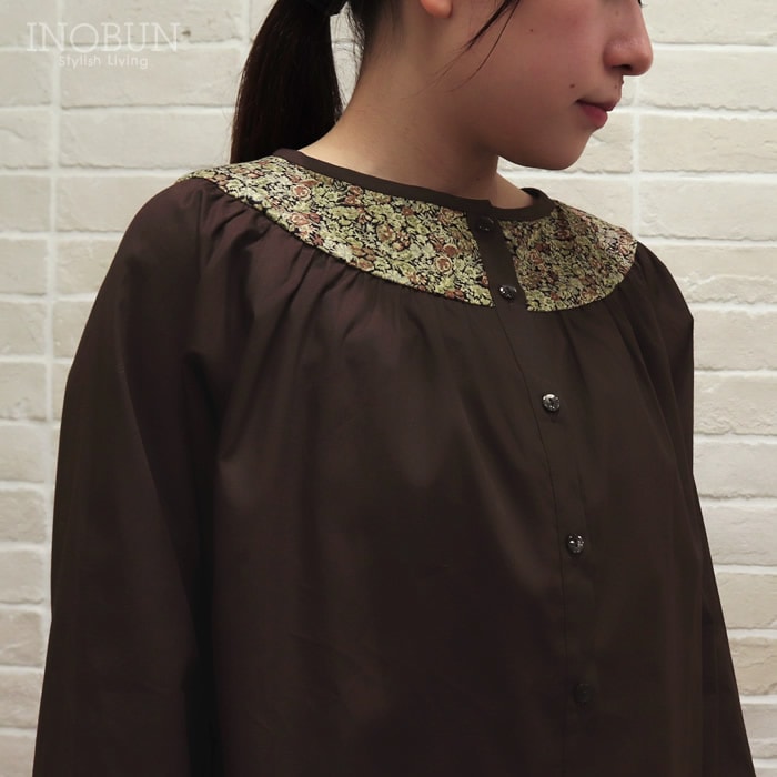sosotto ブロード×LIBERTY 切替ブラウス ダークブラウン DBR×Chive