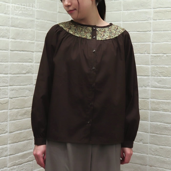 sosotto ブロード×LIBERTY 切替ブラウス ダークブラウン DBR×Chive セール
