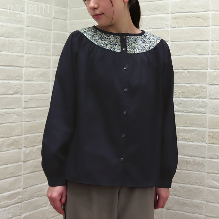 sosotto ブロード×LIBERTY 切替ブラウス ネイビー NVY×Chive セール