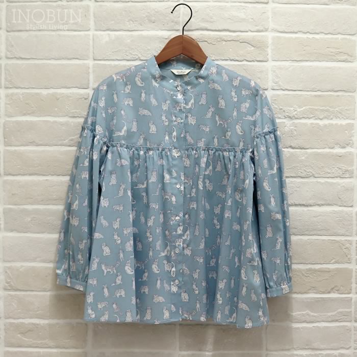 イノブン別注 J.Sloane リバティ ヨーク切り替えギャザーブラウス Mサイズ 長袖 Meow/ZE ミャオ サックス LIBERTY ジェイスローアン