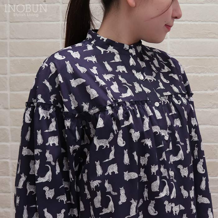 イノブン別注 J.Sloane リバティ ヨーク切り替えギャザーブラウス Mサイズ 長袖 Meow/VE ミャオ ネイビー LIBERTY ジェイスローアン