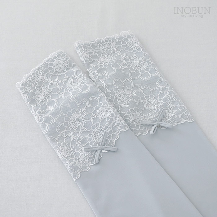 UVカット アームカバー ロング 冷感 花レースリボン  アイスブルー 指なし 手袋 抗菌 滑り止め ひんやり