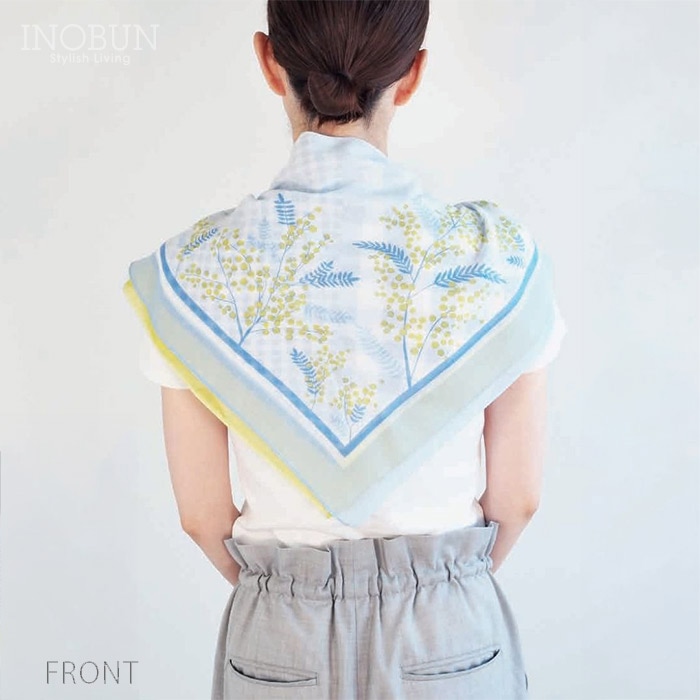 UVカット おさんぽスカーフ メゾンブランシュ ミモザ ブルー UVカット リバーシブル スナップボタン 綿 お洗濯可 メール便可