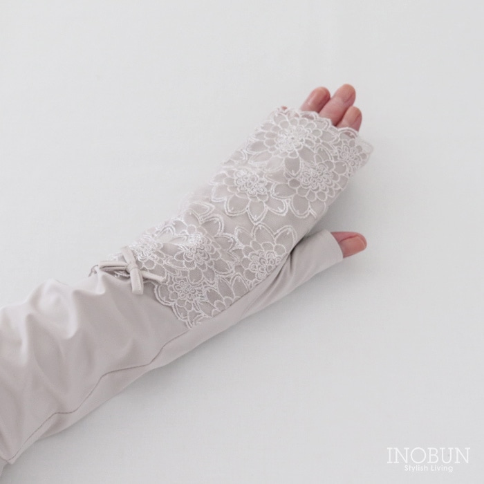 UVカット アームカバー ロング 冷感 花レースリボン ライトグレー 指なし 手袋 抗菌 防臭 速乾 滑り止め ひんやり