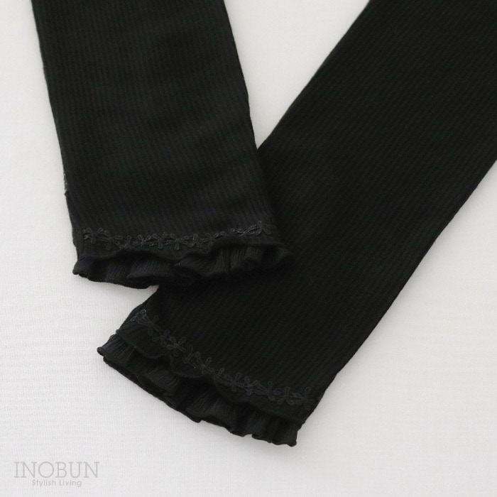 UVカット アームカバー セミロング 指先小花リブレース ブラック 指なし 手袋 滑り止め ブラック