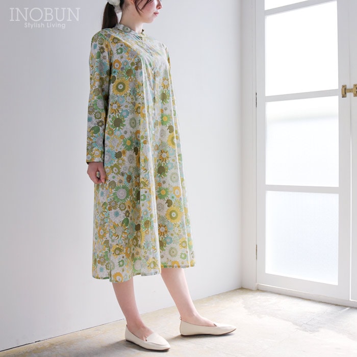 J.Sloane リバティ スタンドカラーAラインワンピース Mサイズ 7分袖