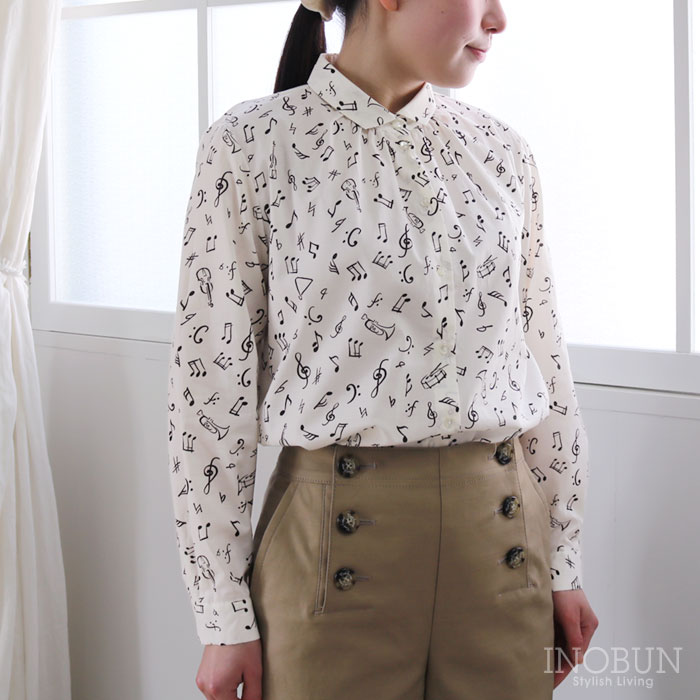 J.Sloane ベーシック角衿ブラウス 60ローン Mサイズ 長袖 抜染音符柄 オフ ジェイスローアン