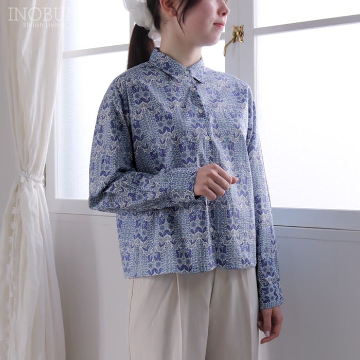 Parkes リバティ コンパクトボックスシャツ ブラウス Mサイズ 長袖 Welbec Inc.別注カラー Lindsay Garden リンジー・ガーデン ブルー  LIBERTY パークス