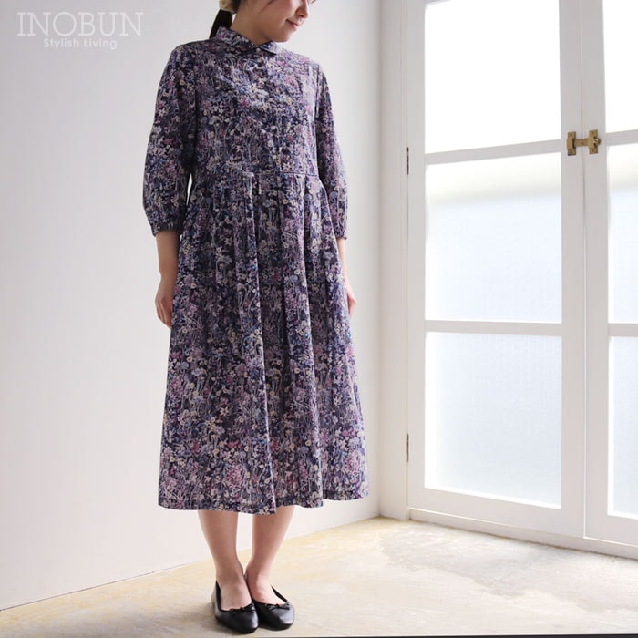 J.Sloane リバティ 衿付きスッキリ見えワンピース Mサイズ 7分袖 Wild Flowers/UE ワイルド・フラワーズ LIBERTY ジェイスローアン