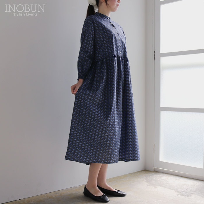 sosotto リバティ タナローンスタンドギャザーワンピース 長袖 Mサイズ Cotton Tail コットンテイル LIBERTY ネイビー地