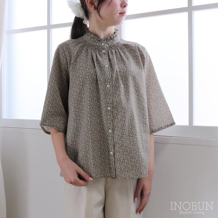 sosotto リバティ イーストボーンローン フリル衿シャーリングブラウス 6分袖 Mサイズ Pepper ペッパー カーキ LIBERTY