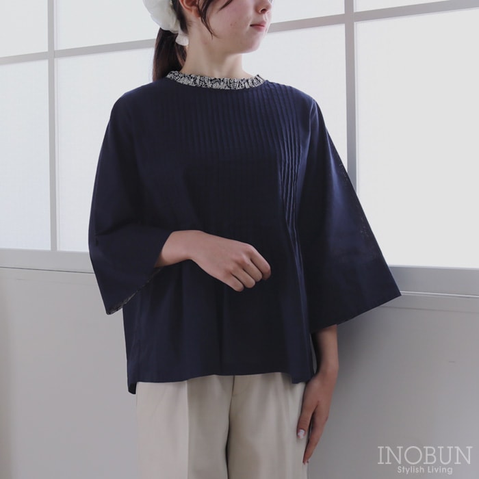 sosotto 綿麻細ピンタック リバティフリルブラウス Mサイズ 7分袖 Mortimer モーティマー ネイビー LIBERTY