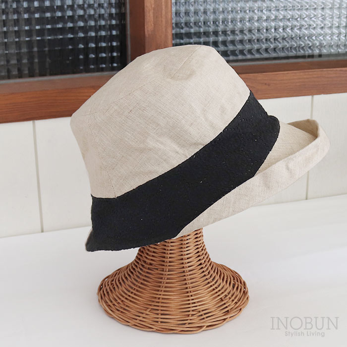 配色 サンドウォッシュ リネンオブザーハット ベージュ×レースブラック 帽子 UVケア 日よけ 紫外線対策 つば広 折りたためる 洗える