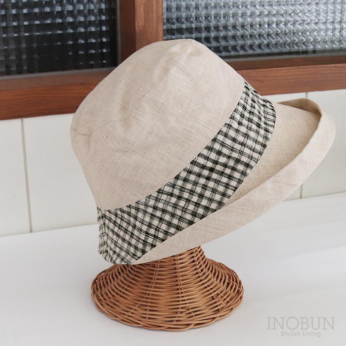 配色 サンドウォッシュ リネンオブザーハット チェックリボン ブラック 帽子 UVケア 日よけ 紫外線対策 つば広 折りたためる 洗える
