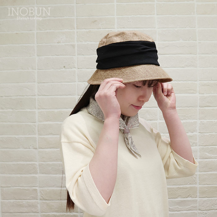 クリップ付き ギャザーバケット ハット リボンブラック 帽子 UVケア 折りたためる