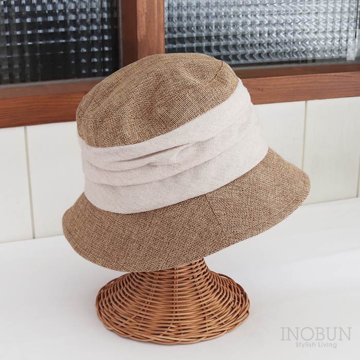 クリップ付き ギャザーバケット ハット リボンベージュ 帽子 UVケア 折りたためる