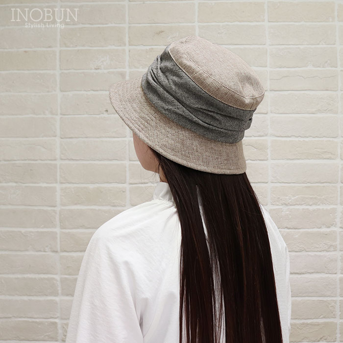 クリップ付き ギャザーバケット ハット リボンダークグレー 帽子 UVケア 折りたためる