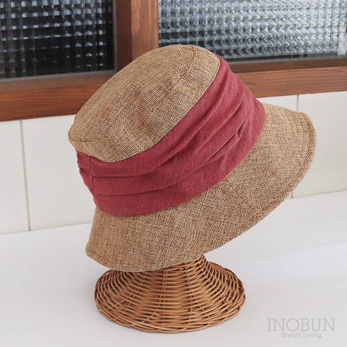 クリップ付き ギャザーバケット ハット リボンブリック(レンガ) 帽子 UVケア 折りたためる