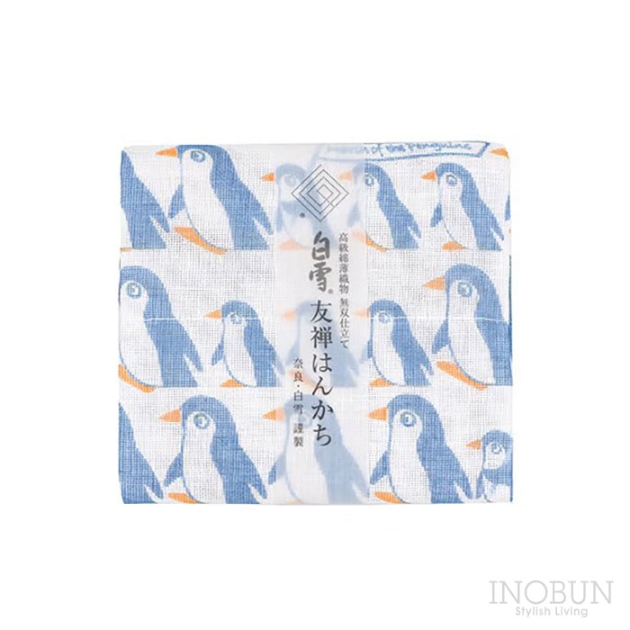 白雪 友禅染はんかち マーチ オブ ザ ペンギン アイスブルー 白雪はんかち 30 x 30cm
