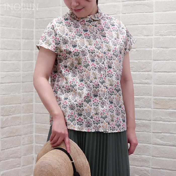 Parkes リバティ 重ね衿 裾ラウンドカットシャツ ブラウス Colombe Study/23AT/32 コロンブ・スタディ Mサイズ 半袖 LIBERTY パークス