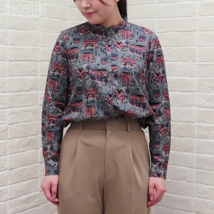 Parkes スタンドカラーAラインブラウス 60/-ローン 秋色の街 ブルー系 Mサイズ 長袖 パークス