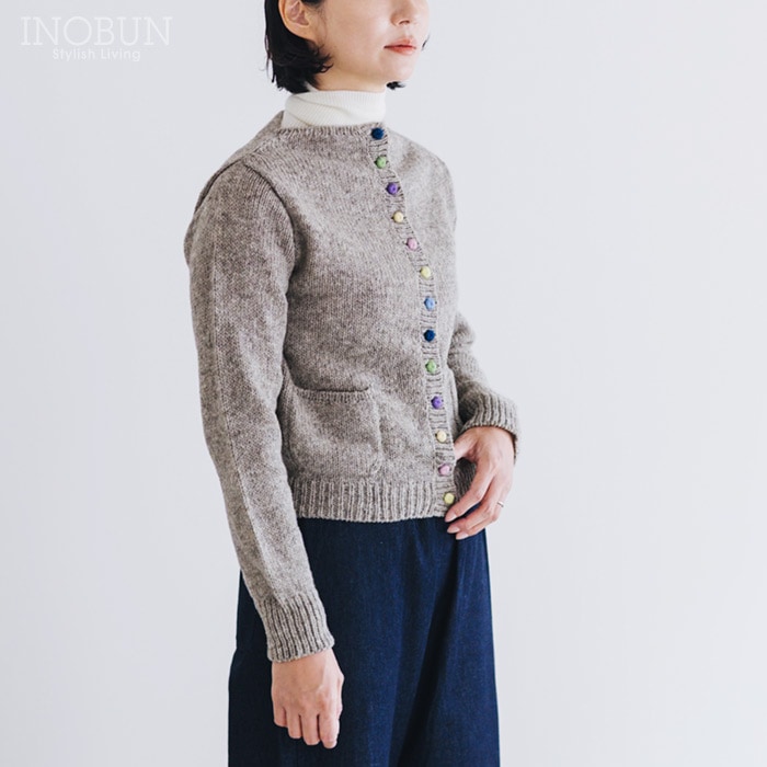 PERU KNIT ニットカーディガン カラフルボタン Mサイズ PLOMOCLARO ライトグレー ペルーニット