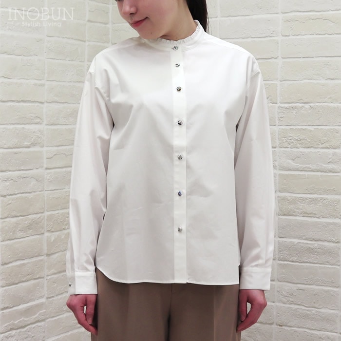 Parkes リバティくるみボタン スタンドフリルドロップショルダーシャツ