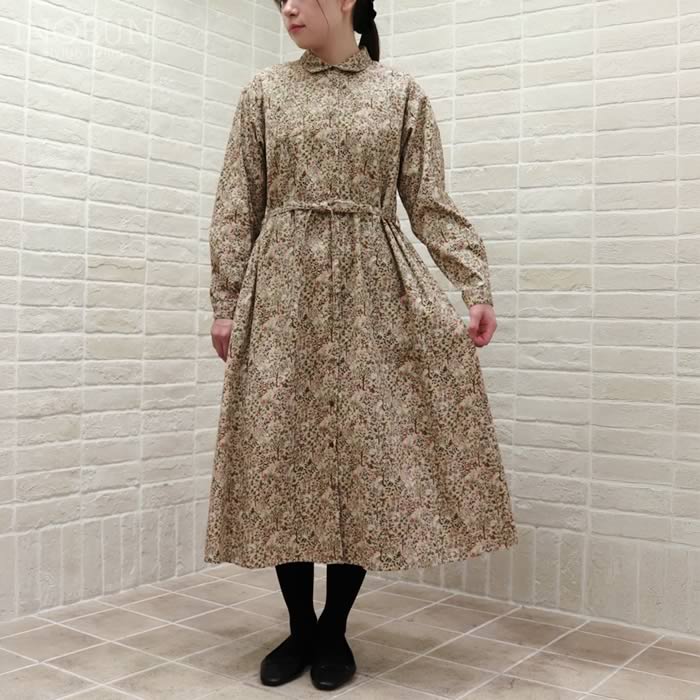 Parkes 共布リボン付きAラインワンピース 森の動物 21Wコーデュロイ