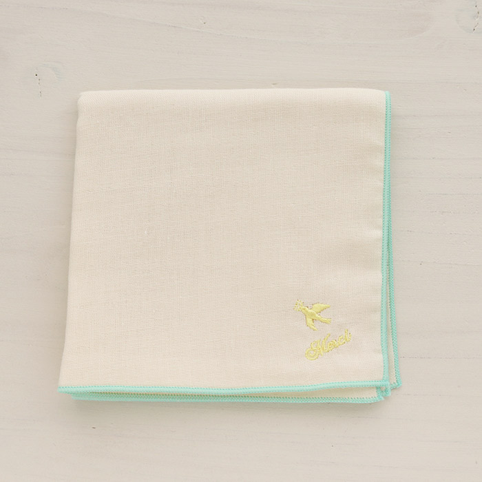 ハンカチ ダブルガーゼハンカチ 小鳥刺繍柄 ベージュxブルー 綿