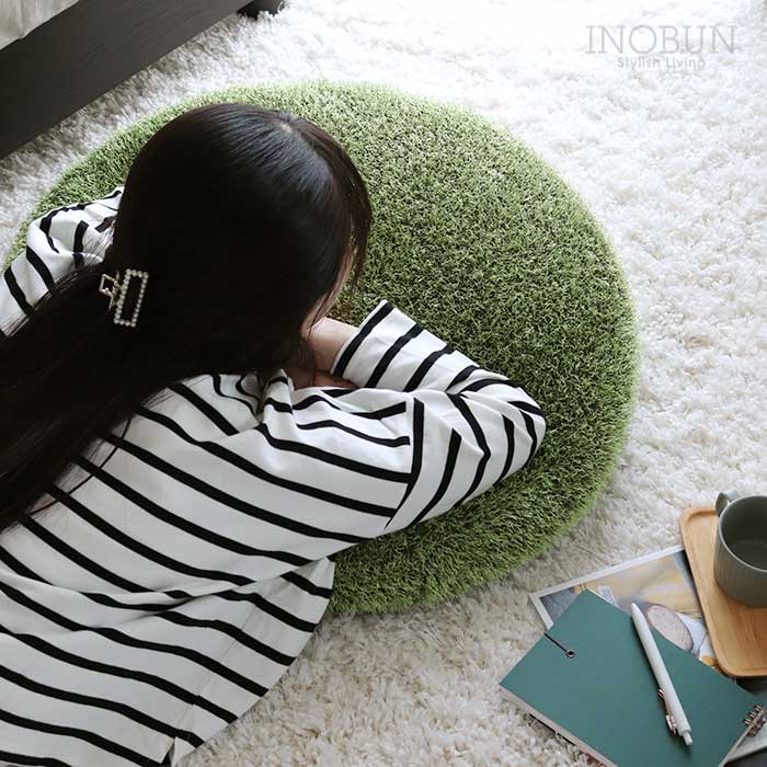 芝生風クッションM Little Green Fluffy 直径60cm クッション グリーン
