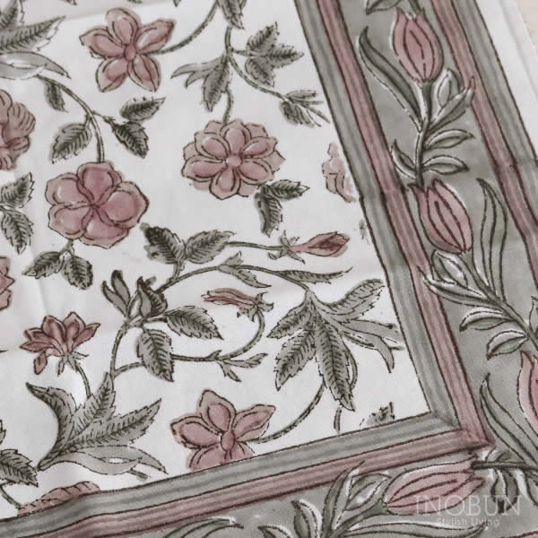 半幅帯 ブロックプリント 花柄 支子色 韓紅 あえなく 