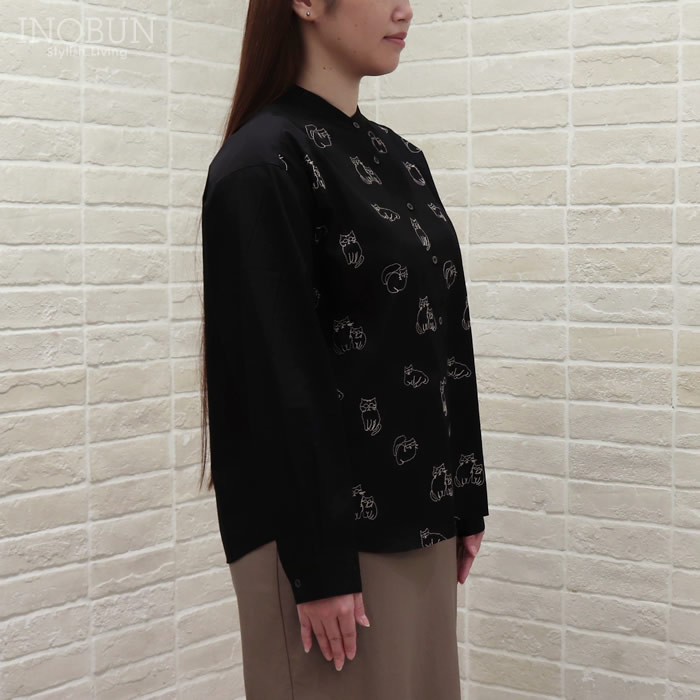 Parkes ネコ刺繍 バンドカラードロップショルダーシャツ ブラック 200