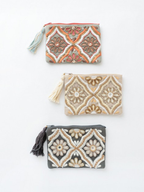 ビーズポーチ 3色セット ビーズ刺繍フラットポーチ 13×10cm （2カラー）｜KANKAN ONLINE