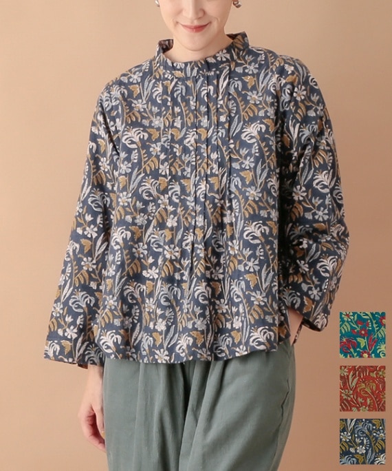 再入荷【20％OFF】フローラルブロックプリント起毛コットン ピンタック