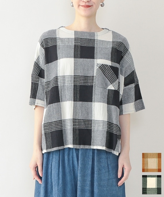 チェックに刺し子風ドビーコットンブラウス-KANKAN ONLINE SHOP 新品 