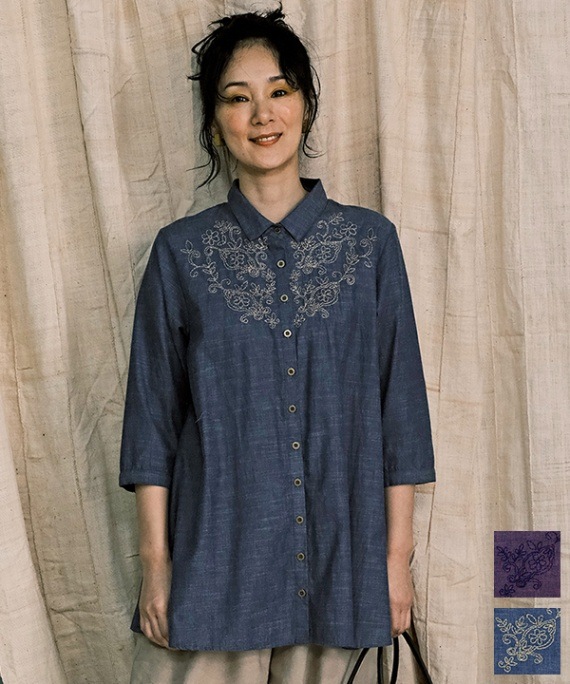 野菜とお花の刺繍シャンブレーロングシャツ｜KANKAN ONLINE SHOP【公式】