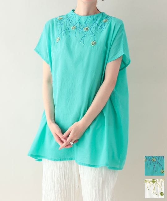 shoka-no-ohana ハンド刺繍コットンオフボトルネック