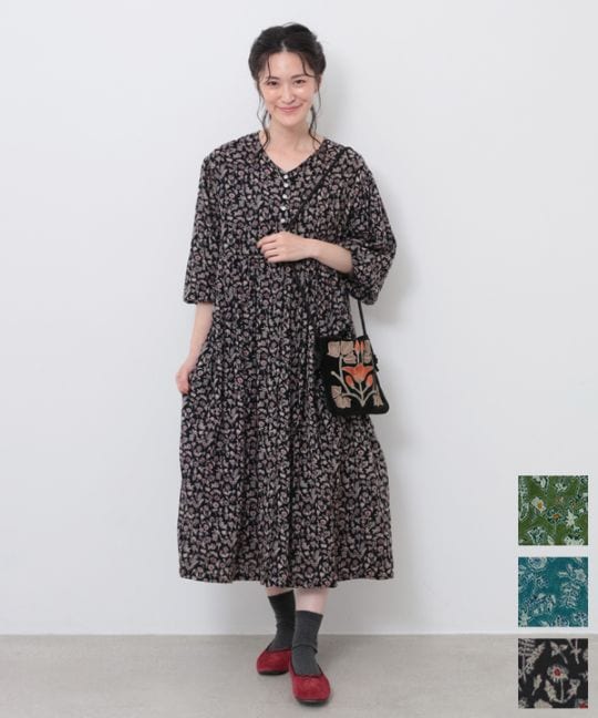 30％OFF】ボタニカルプリントコットンダブルガーゼ前開ワンピース