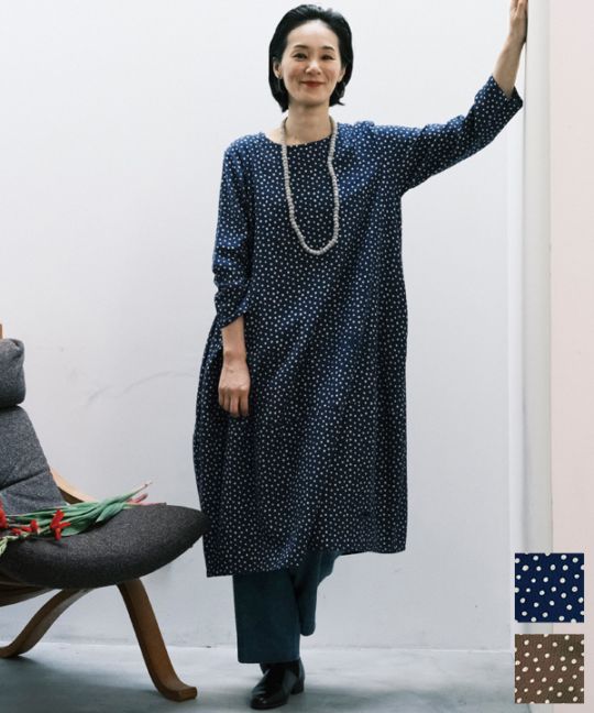 小さなポルカドット・ブロックプリント・綿麻レーヨンコクーン