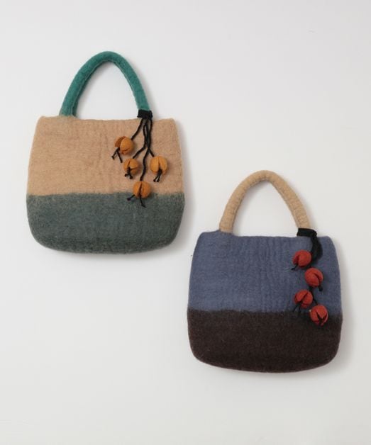【みかん。】羊毛フェルト花かごオーダー限定数③ ウール フラワーリース刺繍 卵型フェルトバッグ H25W274｜KANKAN