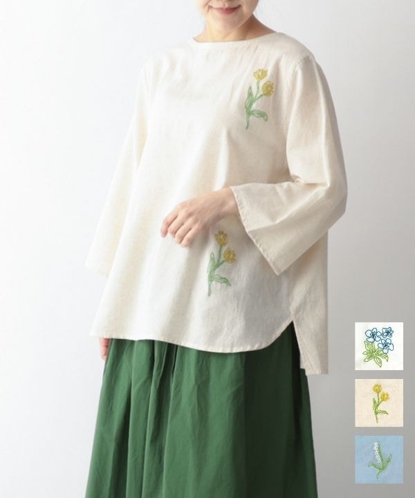 お花刺繍コットンリネンブラウス｜KANKAN ONLINE SHOP【公式】