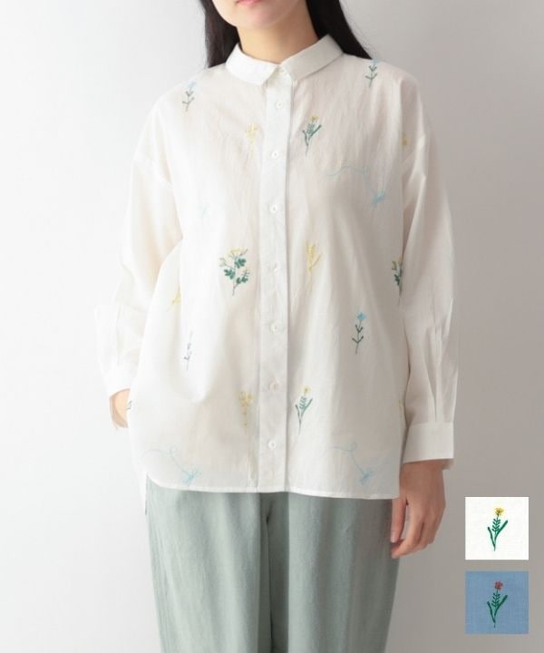 お花とトンボ刺繍コットンロングシャツ｜KANKAN ONLINE SHOP【公式】