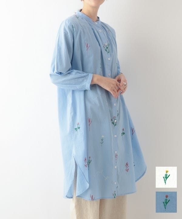 お花とトンボ刺繍コットンシャツワンピース｜KANKAN ONLINE SHOP【公式】